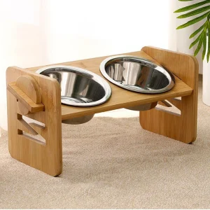 Bamboo  Dog Feeding Station 2 Stainless Steel Bowls