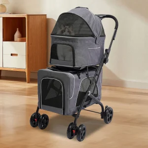 Foldable Double Pet Stroller w/ Storage Basket